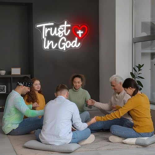 Image of Trust In God Neon Sign for Wall Decor Trust In God LED Light for Man Cave | Dimmable led light, cross christian, prayer room church decor, jesus spiritual wall art, inspirational gift, size 14.4*9.6 in
