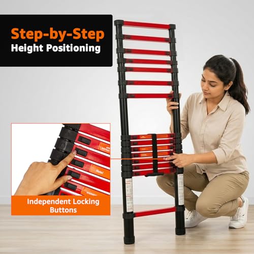 Image of Amazon Basics 4.4 m (14.45 ft) Compact Alloy Steel Telescopic Ladder | 15-Step Extendable & Foldable | Portable Multipurpose