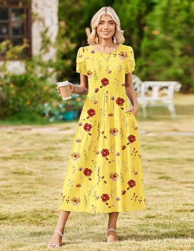 Image of Zeagoo Summer Dresses for Women 2026 Maxi Bohemian Floral Short Sleeve Long Dress Casual Flowy Tired Beach Sundress