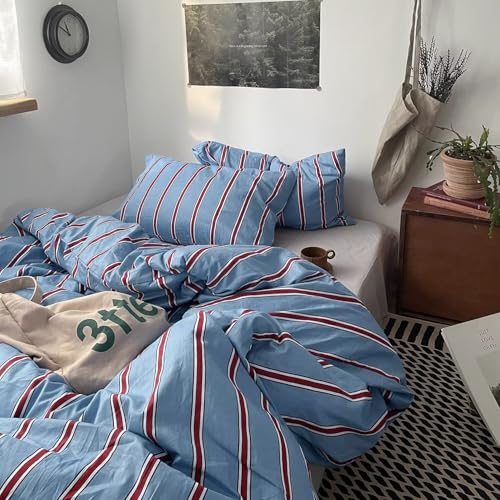 Image of MKXI King Blue & Red Vertical Stripe Duvet Cover Set 3-Piece - 100% Cotton Textured Bedding with Zipper Closure & Corner Ties, Modern Coastal Vintage Aesthetic Comforter Cover