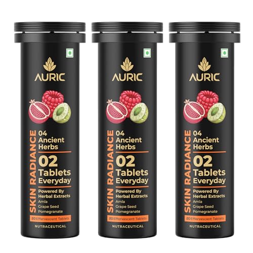 Image of Auric Skin Radiance Glutathione Effervescent 60 Tablets for Skin | With Biotin, Amla, Pomegranate & Grape Seed Extract | Mixed Berries Flavour | Shine 365