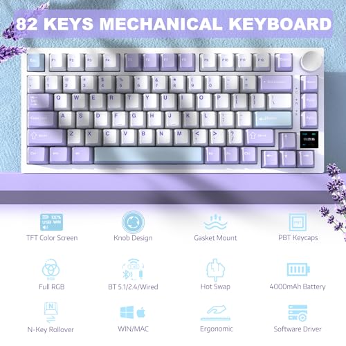 Image of ATTACK SHARK Ajazz AK820 Pro Mechanical Keyboard with Knob&TFT Display,Bluetooth 5.1 /2.4G Wireless /Type-C Wired 75% Percent Keyboard,5 Sound Absorbing Foams,South RGB (Purple, Flying Fish Switch)