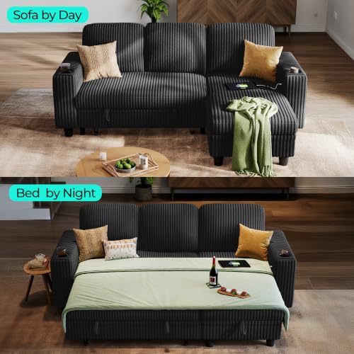 Image of LINSY HOME Sectional Couches for Living Room, 81 inch L Shape 3 Seats, Black | Sleeper sofa with pull out couch bed, corduroy couch with storage