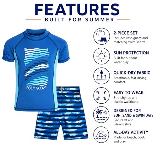 Image of Body Glove Boys Swim Set - 2 Piece Boys Swim Trunks with Rash Guard UV Protection Swimsuit Kids Bathing Suits (Sizes 4-12)
