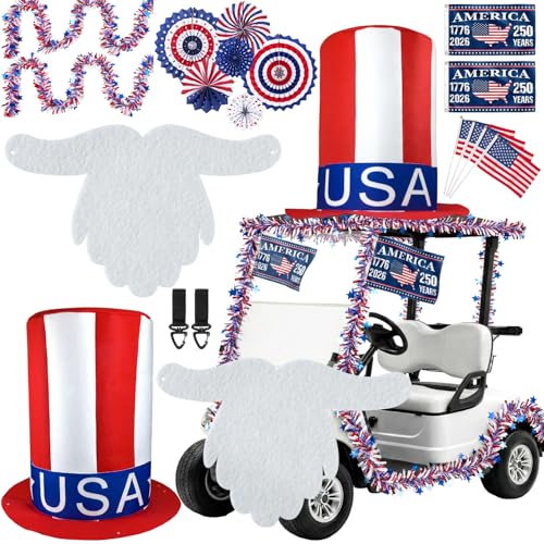 Movinpe 4Th Of July Golf Cart Decoration Kit For Parade – Patriotic Car Decorations With Giant Hat, Beard, Tinsel &Amp; Flags, Red White Blue Vehicle Decor For Independence Day 250 Years