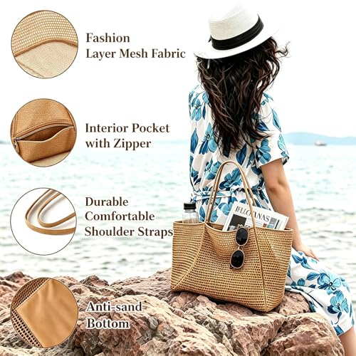 Bolso de Playa Grande de Malla para Mujer con Bolsillo y Cierre miniatura 5