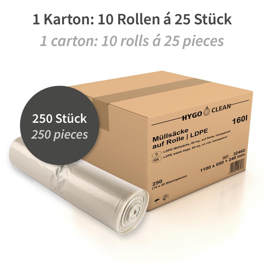 250 Stück, Abfallsäcke, FRANZ MENSCH, 160 l, transparent, LDPE, 60my, Rolle | Hygoclean, Müllbeutel, Müllsäcke, Mülltüten, Rollenware, reißfest, Abfallentsorgung, Gewerbe und Industrie
