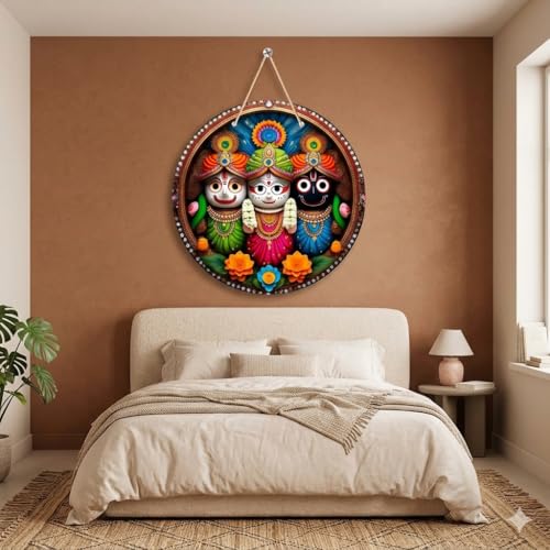 Image of Lord Jagannath Wall Hanging for Home Decor | Jagannath Puri Wooden Decorative Wall Art | Spiritual Mandir Decoration for Living Room, Pooja Room, Office | Indian Traditional Wall Decor, WH28