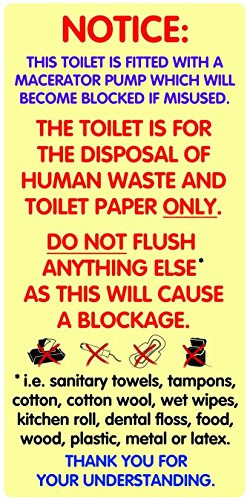 Par de avisos de advertencia impermeables para inodoros Macerator compatible con Saniflo Cover