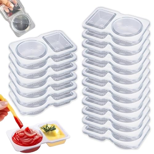 YARUJING 20 Piezas Recipientes Reutilizables Para Aperitivos Contenedor Portátil De 2 Compartimento Con Tapa Recipientes De Condimentos Dobles Con Tapas Para Salsas y Snacks.