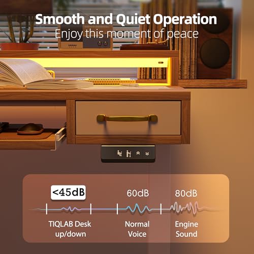 Image of TIQLAB Standing Desk with Two Drawers, Stand Up Standing Desk Adjustable Height, Electric Sit Stand Table with Storage Shelf and Splice Board, with LED Light, 47 * 28 inch, Light Walnut