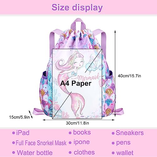 RHCPFOVR Drawstring Backpack for Kids - Mermaid Bags for Girls Mini Gym Dance Beach Swim Travel Bag With Two Water Bottle Holder3