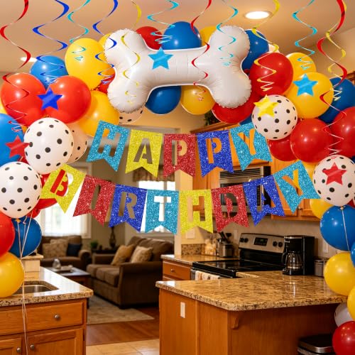 Image of BEISHIDA Red Blue Gold Happy Birthday Banner for Kids Paw Birthday Decor