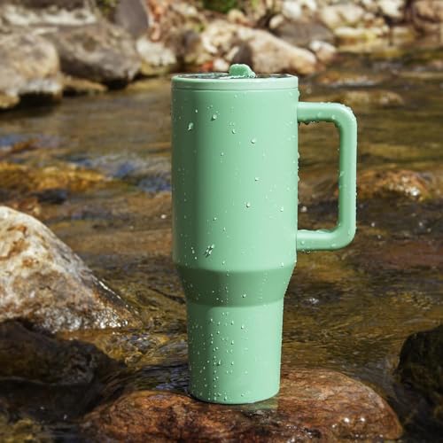 Image of House of Quirk 1200ML Tumbler with Handle & Simple Flip Straw - Car Cup Holder Friendly, Leak Resistant Stainless Steel Water Bottle with Rubber Base (Avocado)