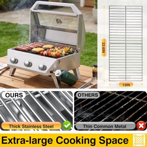Image of BESTFIRE 3 Burner Propane Grill, 30000 BTU Stainless Steel Tabletop BBQ, Portable Gas BBQ with Glass Lid, Thermometer & Dual Tank Adapter for 1lb /20lb, Outdoor Camping Tailgating 29.72 inch Wide