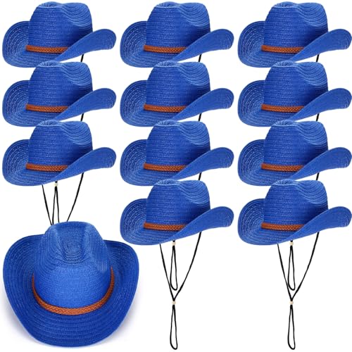JaGely 12 Pcs Straw Cowboy Hats for Women Men Wide Brim Summer Hat Bulk Sun Protection for Western Themed Party (Royal Blue)