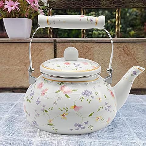 Saihisday Enamel Teakettle Floral Teapot for Stovetop, 2.5L Large Green Floral Tea Kettle with Ceramic Handel Turkish Style(Green Rose) Cover
