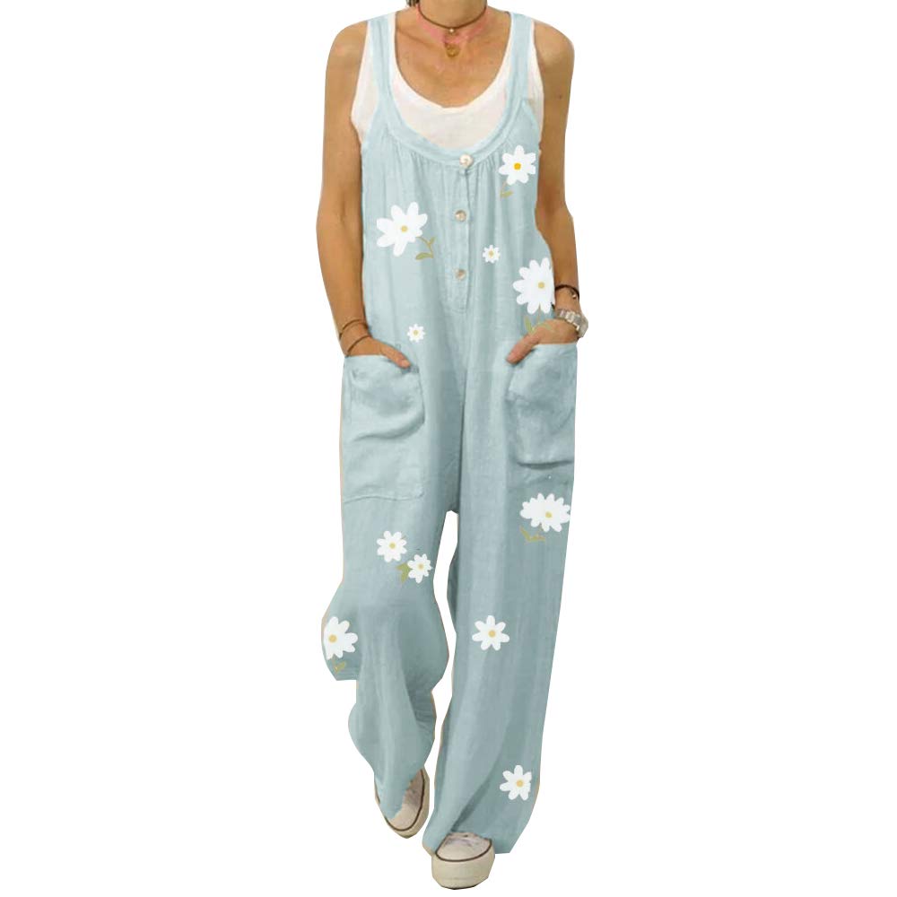 Treer Women's Blue Daisy Dungarees Loose Casual Summer Playsuits Jumpsuit, Cotton Playsuit For Romper Sleeveless Pocket Overalls Suspender Playsuit Trousers S-2Xl (,2Xl)