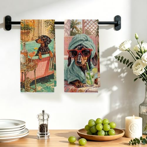 Image of 2 Pcs Funny Dachshund Hand Towels, Dachshund Gifts Reusable Dish Towels | Waffle Weave Absorbent Hand Towel for Bathroom Decor, Cute Weiner Dog Gifts for Women Mom Friend 24x14 Inch