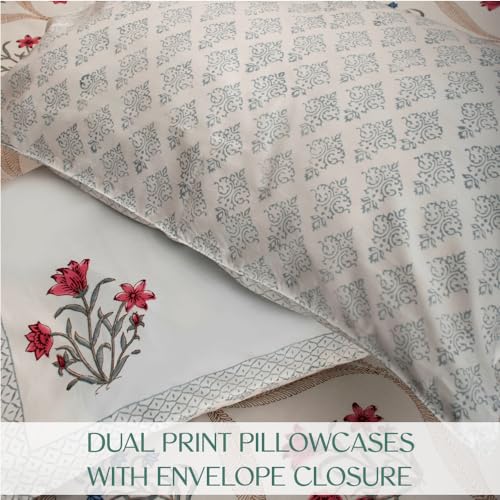 Image of Premium Bedsheet with 2 Pillow Covers I Hand Block I Pure & Soft Percale Cotton I 300 TC I 90x108 inches (King Size Double Bed Bedcover) I Floral Pattern I Pink & Blue