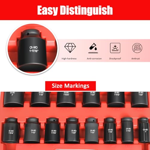 Image of TONYNOL 1 /2 inch Inch Drive Deep Impact Socket Set,6-Point,SAE Sizes(1 inch-2 inch),14 PCS,Cr-Mo Steel,Heavy Duty Impact Sockets for Automotive & Industrial Machinery,With a Storage Case
