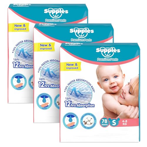 Image of Amazon Brand - Supples Premium Baby Diaper Pants | 234 Baby Diapers | Small | 4-8 Kg | 78 x 3 Packs | 12 Hrs Absorption | Cushiony Cotton Soft Fabric | Phthalates-Free | Triple Leak Guard