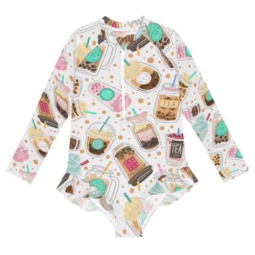 susiyo Boba Pearl Milk Tea Girls Long Sleeve One Piece Swimsuits Rash Guard Bathing Suit UPF 50+ Zipper Girl Swimwear