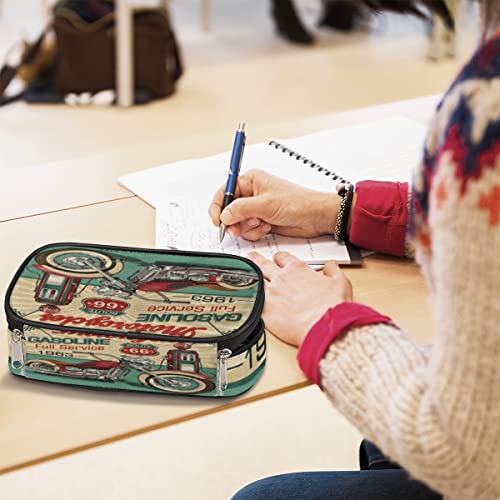 Image of Retro Motorcycle Poster Pencil Case Pen Holder Large Capacity Stationery Organizer Pen Bag with Zipper Pencil Pouch Makeup Brush Bag for Adult Teen Boy Girls Students School College Work Office