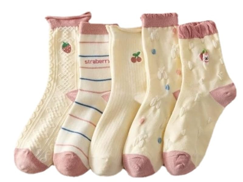 5 Pairs Cute Crew Socks Downtown Girl Aesthetic Fall Socks Gyaru Preppy Cotton Knit Clothes Y2K Cottagecore Stuffs (Strawberry,One Size)