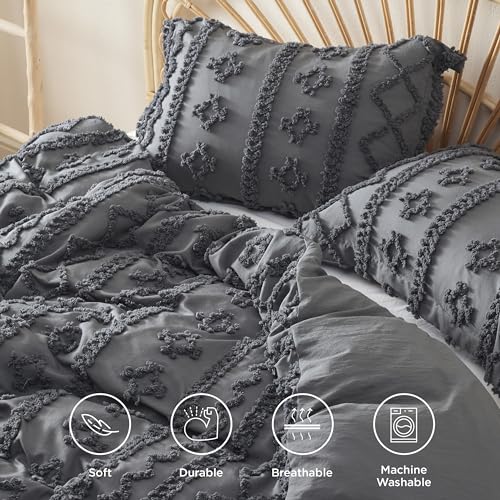 Image of Bedsure Boho Duvet Cover Queen Size, Soft & Comfortable Elegant Design Boho Bedding for Decoration, Machine Washable Comforter Cover for All Seasons,Includes 1 Duvet Cover & 2 Pillow Shams,Dark Grey