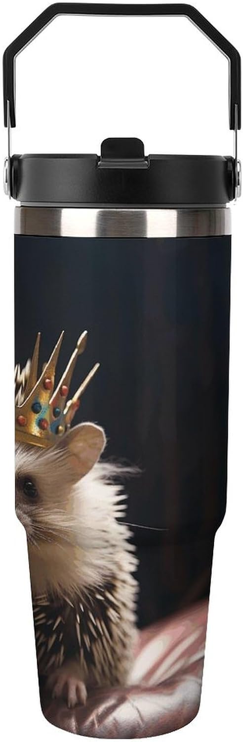 Crown with Hedgehog Water Bottle 30 Oz Fits Car Cup Holder,Insulated Coffee Mug Large Capacity Car Cups,Stainless Steel Double Wall Sport Bottle for Travel Sports Gym
