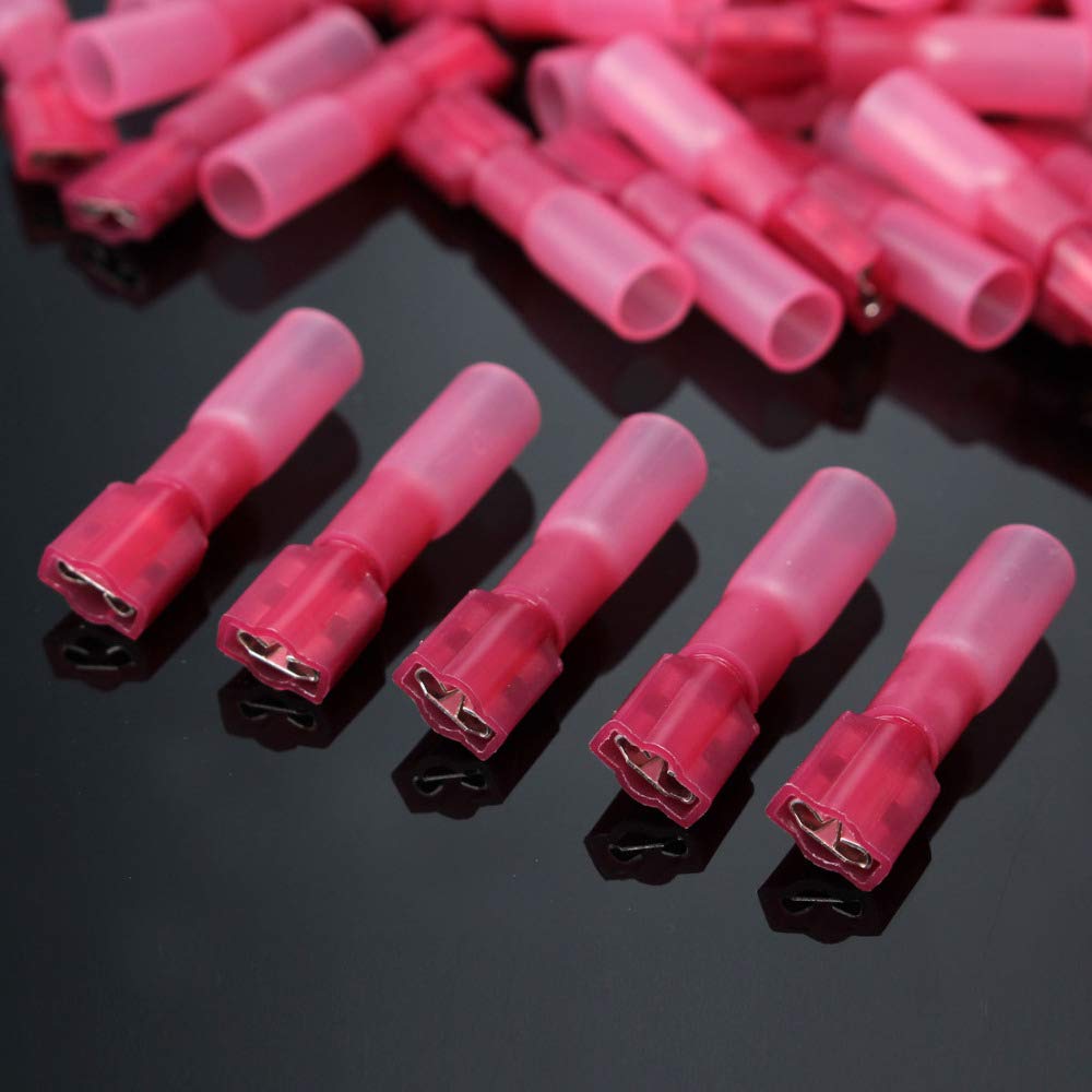 Davitu New 6.35mm 1/4"Spade Female Red 22-18AWG Nylon Insulated Crimp Terminals with Copper Sleeve Connector Termination - (Color: 100pcs)