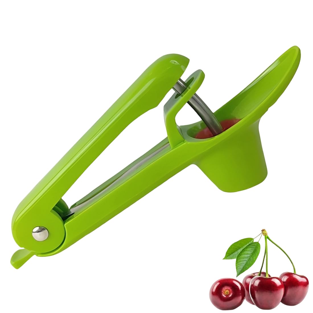 Deshuesador de cerezas de acero inoxidable, herramienta manual compacta para quitar huesos de cerezas, utensilio de cocina verde