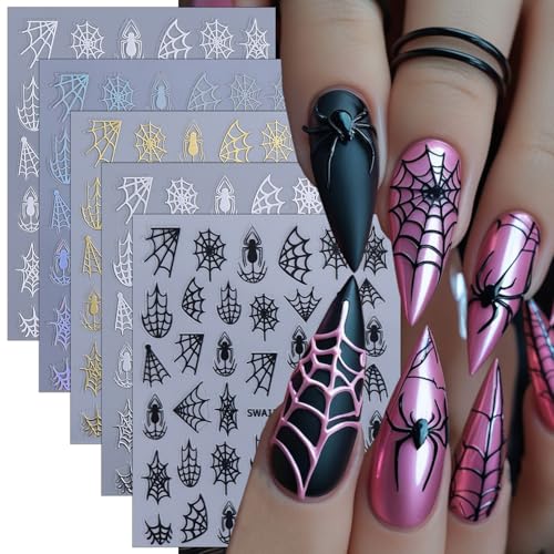 5 folhas de autocolantes de unhas de Halloween, autocolantes autoadesivos 3D de teia de aranha para unhas, em branco, preto, prata, ouro a laser, acessórios de design de unhas para mulheres