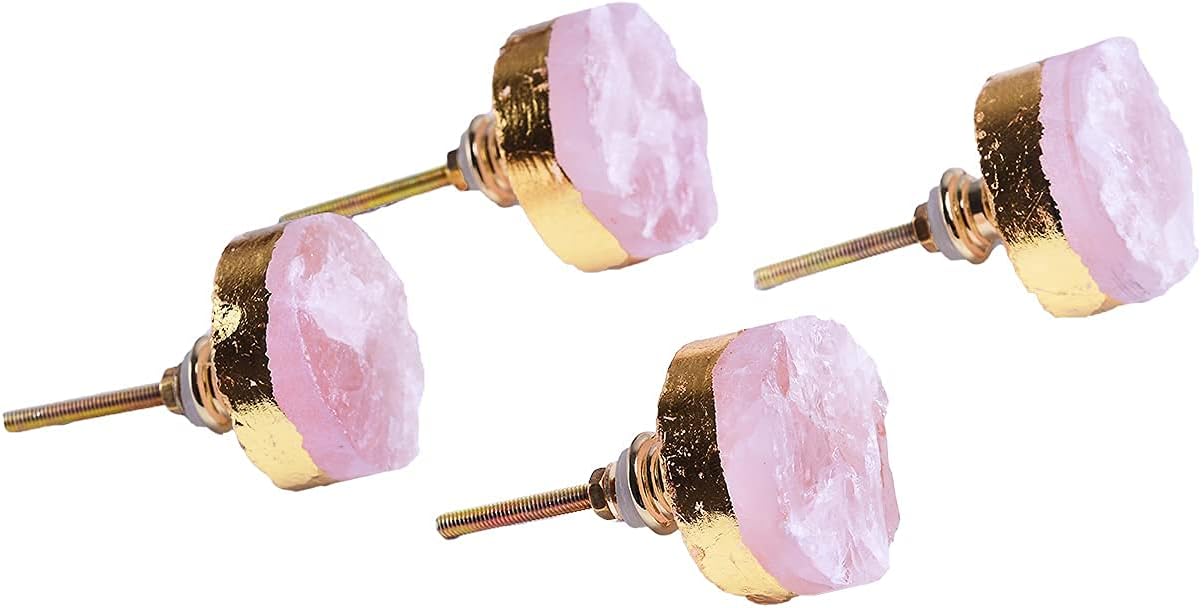 AMOYSTONE Crystal Cabinet Knobs Rose Quartz Dresser Knobs Pink Stone Round Kitchen Cupboard Drawer Knobs Handles Plating Gold Set of 4