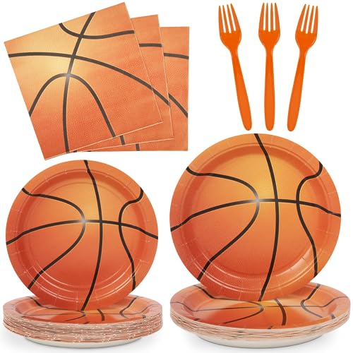 DECORLIFE Basketball Party Supplies Serves 24, Basketball Plates and Napkins, Forks Included, Basketball Party Decorations for Boys Birthday, Total 96 PCS