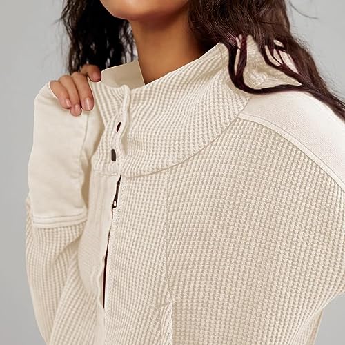 Womens Y2K Waffle Knit Hooded Sweater Thermal Sweatshirt Ribbed Cuffs Pockets Button Details Casual Outerwear4