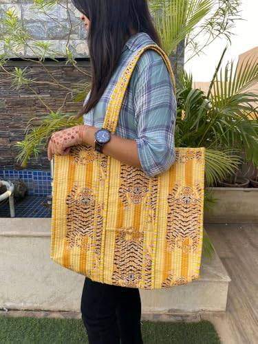 Image of YILLE Cotton Quilted Floral & Tiger Print Tote Bag, 18 x 18 inches For Grocery Shopping, Travel