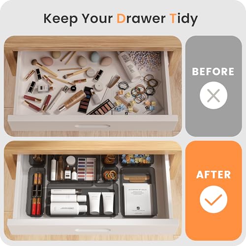 Image of A-LuGei 【Military Grade Drawer Organizer, 【𝟱𝗦𝗶𝘇𝗲】 Makeup organizer, 【Holds 177 Items】 Bathroom Organizers and Storage, Organization and Storage, Desk Drawer Organizer for Vanity (Clear Black)