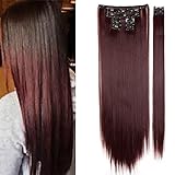 S-noilite 8PCS/SET Full Head Clip in Hair Extensions 140Grams Thick Real Natural Synthetic Hairpiece(26inches-straight, Wine Red)