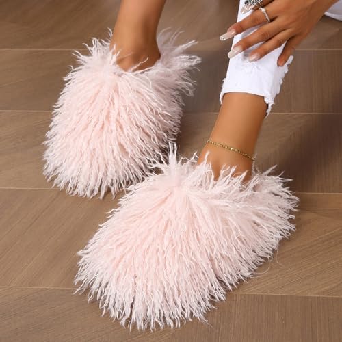 Image of Unisex Fuzzy Faux Fur Slippers, Women's Fluffy Long Hair Sheep Faux Fur Slip on Slides, Girls Luxury Big Fluffy Outdoor Flat Slippers, Long Curly Hair Non-Slip Warm Home Slide Shoes