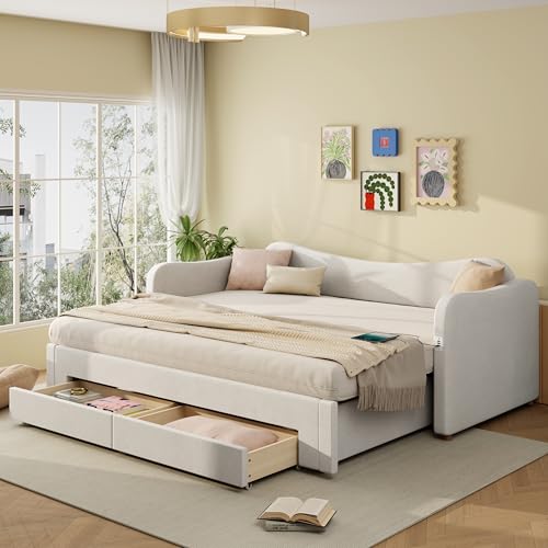 DUlVBPE Cama tapizada, cama de día, sofá cama con 2 cajones para almacenamiento, sofá cama, cama de día 90 x 200 cm, extensible a 180 cm, con puerto USB, terciopelo beige
