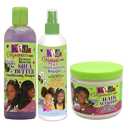 Africa's Best Kids Organic - Lot de 3 soins capillaires pour enfant - shampoing Ultimate Moisture au beurre de karité 355 ml/après-shampoing démêlant 2 en 1 355 ml/après-shampoing nourrissant 426 g