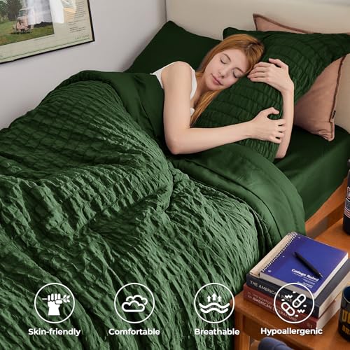 Image of HYMOKEGE Dark Green Twin Comforter Set Seersucker 5 Pieces, All Season Luxury Bed in a Bag Queen for Bedroom, Bedding Set with Comforter, Sheets, Pillowcase & Sham