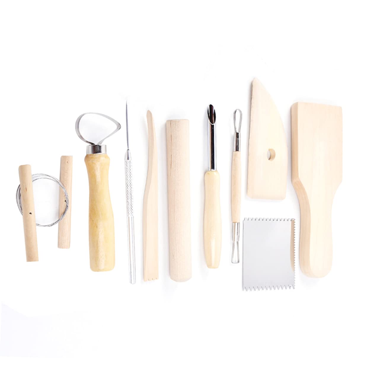 SEWACC 10pcs Clay Craft Tool with Wood Handle Durable Stainless Steel Accessories for Clay Shaping Sculpting and Doll Making