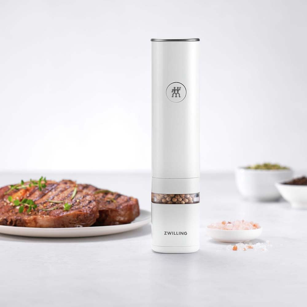 ZWILLING ENFINIGY Moulin à Épices Électrique avec Mécanisme Céramique, Lumière LED, Batterie Li-ion Rechargeable, Blanc