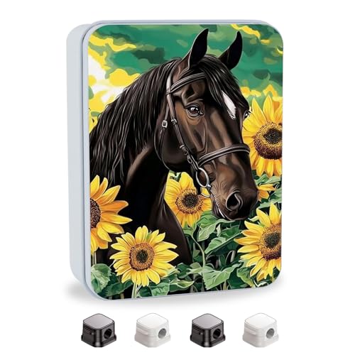 Image of Metal Tin Box with Lid for Game Cards Home Large Organizer Candles Keys Crafts Storage - Comes with 4 Magnetic Cord Clips，Horses and Sunflowers
