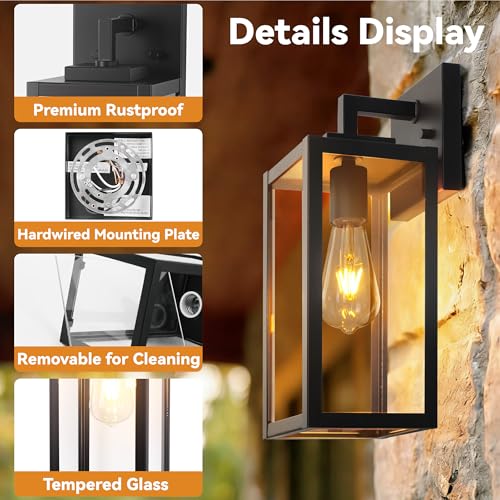 Image of 2-Pack Outdoor Wall Light Fixtures, Black Exterior Waterproof Wall Lanterns, Anti-Rust Porch Lights Outdoor with E26 Socket & Tempered Glass, Modern Outside Lights for House Front Door Patio, 15 Inch