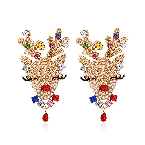 Christmas Sparkly Crystal Dangle Earrings Cute Christmas Tree Reindeer Earrings Colorful Xmas Festival Holiday Jewelry Gift-Deer