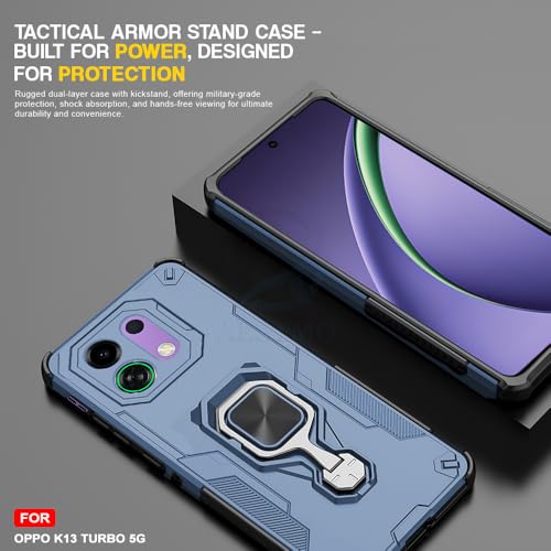 Image of AESTMO Armor Back Cover for Oppo K13 Turbo /Turbo Pro 5G | Ring Holder & Kickstand & Camera Protection in-Built | 360 Degree Protection Back Case Cover (Blue)